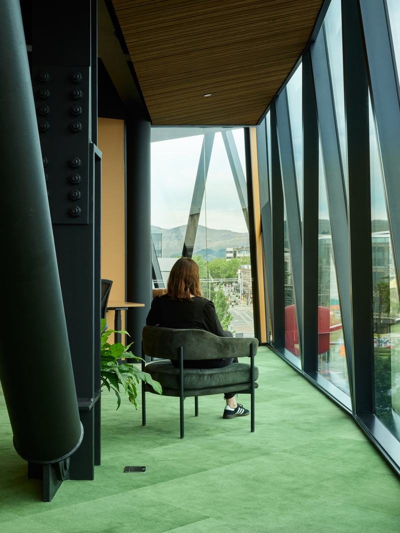 GymMaster office fitout, 200 High Street Christchurch – five-level workplace with exposed ceilings and bold bathrooms by AW Architects